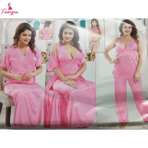 Fancyra Women 6 Pieces Set Pink Satin Nightwear Nighty Set with Gown Top Pants & Lingerie