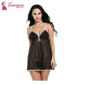 Fancyra Women Above Knee Nightwear Babydoll Lingerie With G String Panty Free Size Black Color