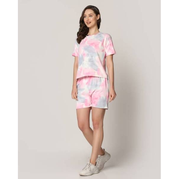 Fancyra Women Abstract Top & Shorts Pink Pajama Sets - Image 2
