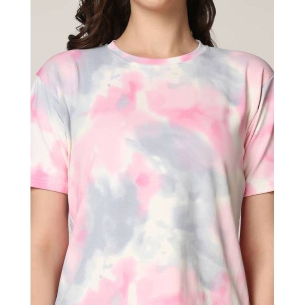 Fancyra Women Abstract Top & Shorts Pink Pajama Sets - Image 3