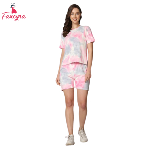Fancyra Women Abstract Top & Shorts Pink Pajama Sets