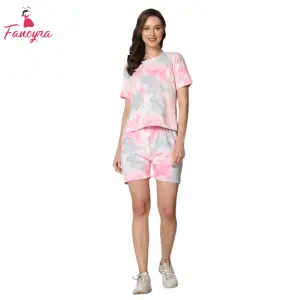 Fancyra Women Abstract Top & Shorts Pink Pajama Sets