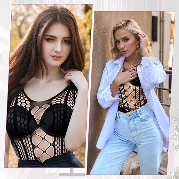 Fancyra Women Alluring Black Hollow Fishnet Bodystocking Bodysuit Lingerie - Image 5