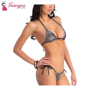 Fancyra Women Animal Print Embellished Bikini Bra Panty Lingerie Set Free Size