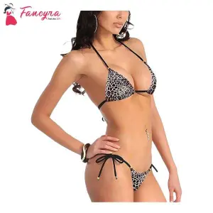 Fancyra Women Animal Print Embellished Bikini Bra Panty Lingerie Set Free Size