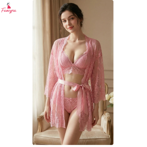 Fancyra Women Baby Pink Lace Bridal Lingerie Set with Sheer Robe - Premium 3 Piece Honeymoon Nightwear