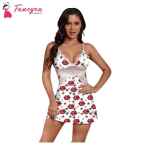 Fancyra Women Babydoll Floral Sheer Slip Nightdress Lingerie With G String Panty Free Size White Color