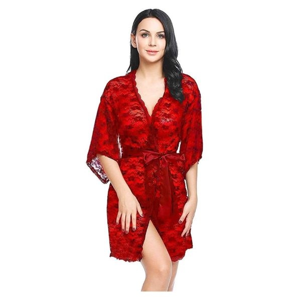 Fancyra Women Babydoll Lace Net Robe Lingerie Nightwear Dress Red Color (Free Size) - Image 2