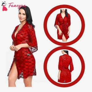 Fancyra Women Babydoll Lace Net Robe Lingerie Nightwear Dress Red Color (Free Size)