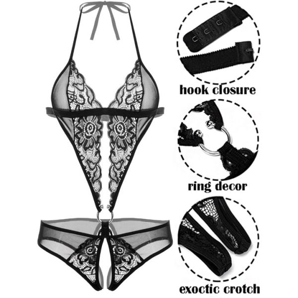 Fancyra Women Babydoll Lingerie Deep V Lace Teddy One Piece Mini Bodysuit - Image 3