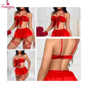 Fancyra Women Babydoll Lingerie Hollow Out Bra Thong Set with Garter Belts and Removable Choker