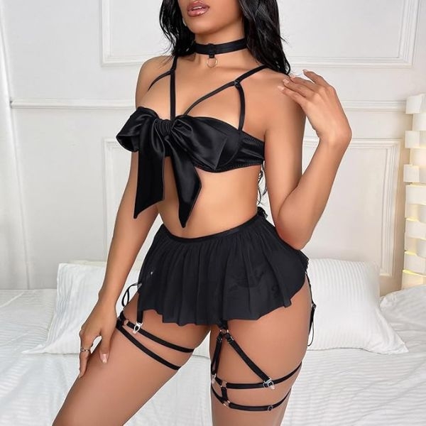 Fancyra Women Babydoll Lingerie Hollow Out Bra Thong Set with Garter Belts and Removable Choker - Image 5