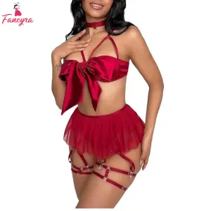 Fancyra Women Babydoll Lingerie Hollow Out Bra Thong Set with Garter Belts and Removable Choker