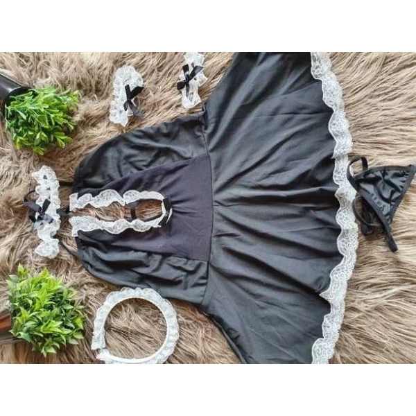 Fancyra Women Babydoll Lingerie Lace Bow Front Maid Cosplay Costume Set - Image 3