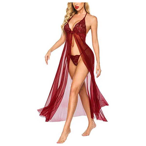 Fancyra Women Babydoll Lingerie Lace High Split Maxi Long Gown Nightdress With G String Panty Free Size Wine Red Color - Image 2
