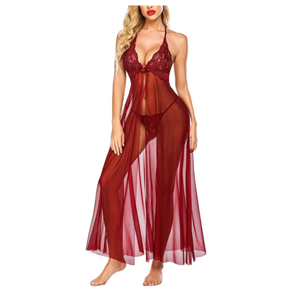 Fancyra Women Babydoll Lingerie Lace High Split Maxi Long Gown Nightdress With G String Panty Free Size Wine Red Color - Image 3