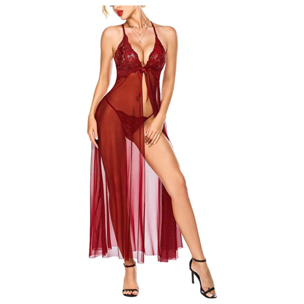 Fancyra Women Babydoll Lingerie Lace High Split Maxi Long Gown Nightdress With G String Panty Free Size Wine Red Color - Image 4