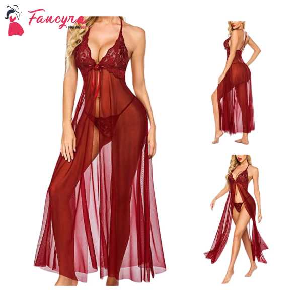 Fancyra Women Babydoll Lingerie Lace High Split Maxi Long Gown Nightdress With G String Panty Free Size Wine Red Color