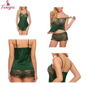 Fancyra Women Babydoll Lingerie Nightdress with Panty Free Size Green Color