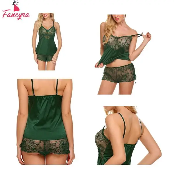 Fancyra Women Babydoll Lingerie Nightdress With Panty Free Size Green Color