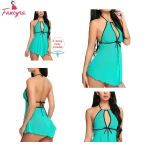Fancyra Women Babydoll Nightwear Lingerie With Open Front For Sleepwear With G String Panty Free Size Green Color