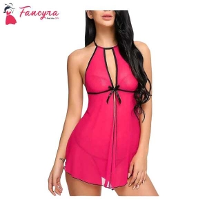 Fancyra Women Babydoll Nightwear Lingerie With Open Front Sleepwear With G String Panty Free Size Pink Color