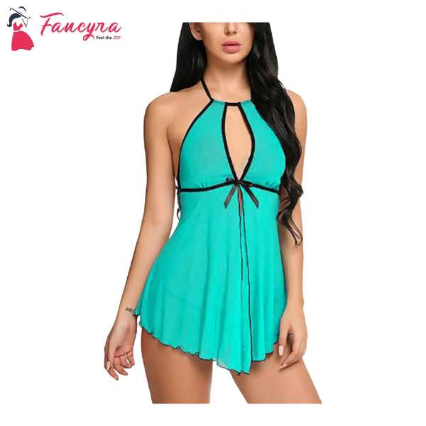 Fancyra Women Babydoll Nightwear Lingerie With Open Front With G-String Panty Free Size Green Color
