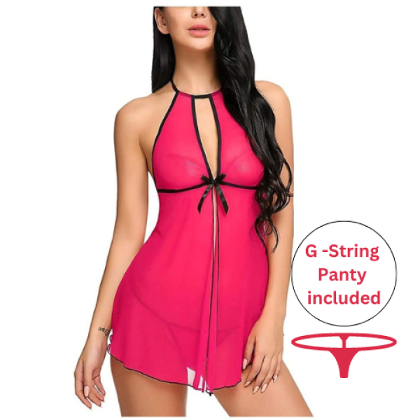 Fancyra Women Babydoll Nightwear Lingerie With Open Front With G String Panty Free Size Pink Color - Image 2