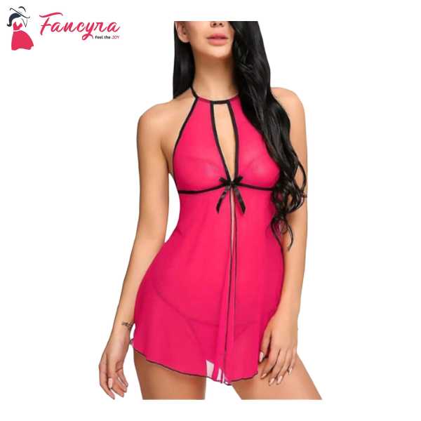 Fancyra Women Babydoll Nightwear Lingerie With Open Front With G String Panty Free Size Pink Color
