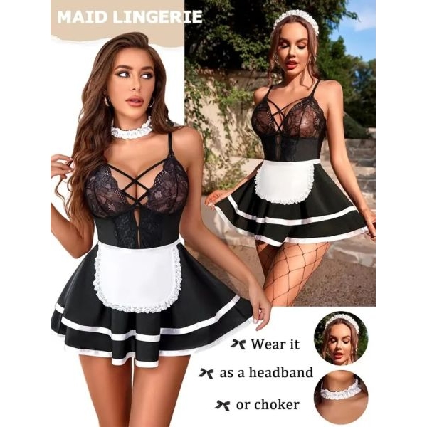 Fancyra Women Babydoll Sleepwear Lingerie Night Dress Maid Costume Free Size - Image 2