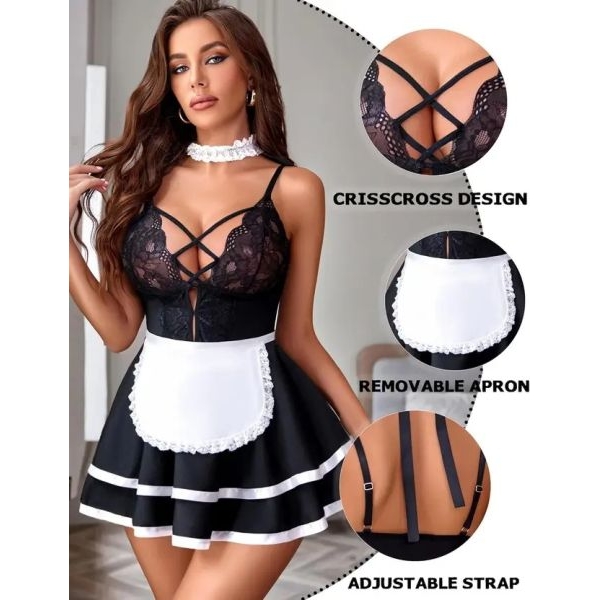Fancyra Women Babydoll Sleepwear Lingerie Night Dress Maid Costume Free Size - Image 3