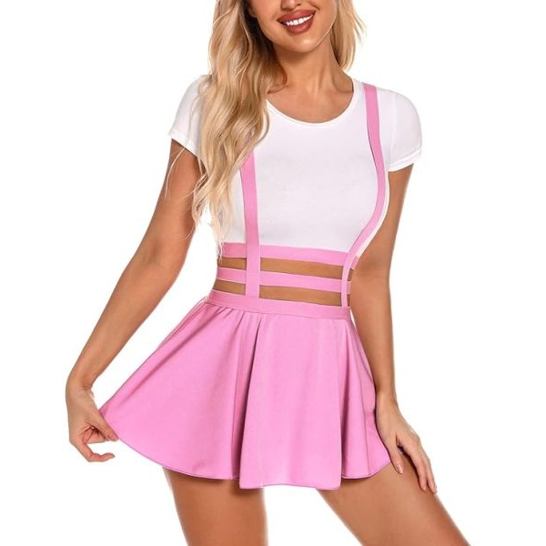 Fancyra Women Barbie Pink Suspender Skater Babydoll Lingerie Bodysuit Mini Skirt Swimwear - Image 2