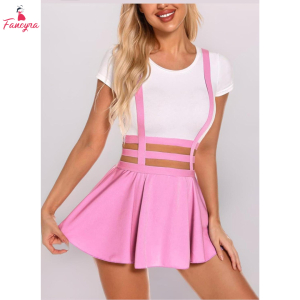 Fancyra Women Barbie Pink Suspender Skater Babydoll Lingerie Bodysuit Mini Skirt Swimwear