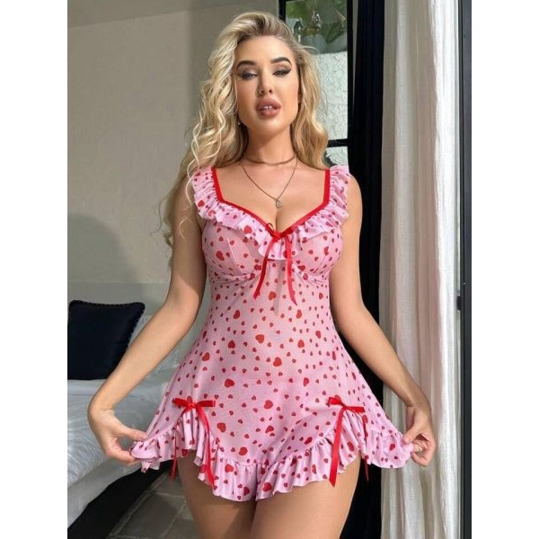 Fancyra Women Beautiful Heart Printed Babydoll Lingerie Mini Dress - Image 4