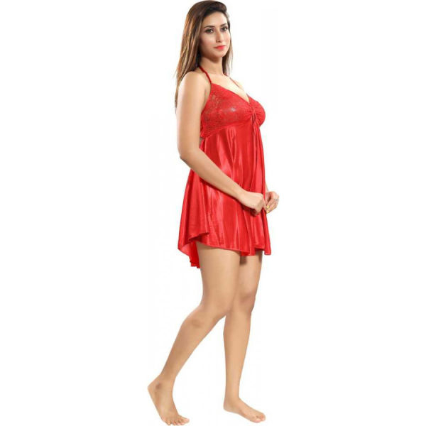 Fancyra Women Beautiful Nightwear Satin Blend Babydoll Sleepwear Dress Free Size Red Color - Image 3