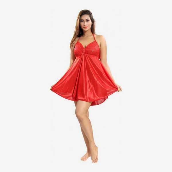 Fancyra Women Beautiful Nightwear Satin Blend Babydoll Sleepwear Dress Free Size Red Color - Image 4