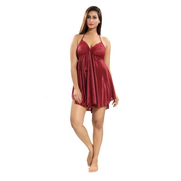 Fancyra Women Beautiful Nightwear Satin Blend Babydoll Sleepwear Dress Free Size Rose Red Color - Image 4