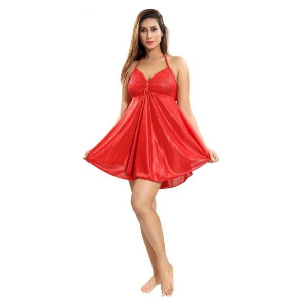 Fancyra Women Beautiful Satin Blend Babydoll Dress Free Size Red Color - Image 2