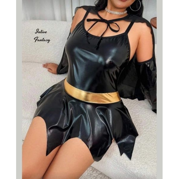 Fancyra Women Black Asymmetrical Gothic Evening Costume with Cape Bodysuit Lingerie Set - Image 2