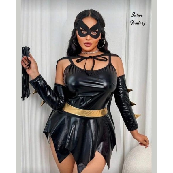 Fancyra Women Black Asymmetrical Gothic Evening Costume with Cape Bodysuit Lingerie Set - Image 3