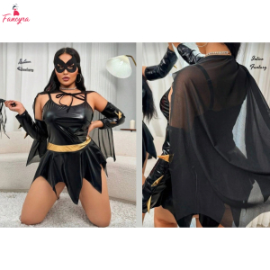 Fancyra Women Black Asymmetrical Gothic Evening Costume with Cape Bodysuit Lingerie Set