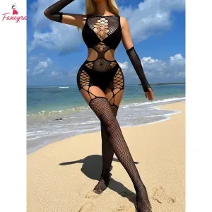 Fancyra Women Black Fishnet Beach Cover-Up with Long Sleeves and Full-Length Design Stocking