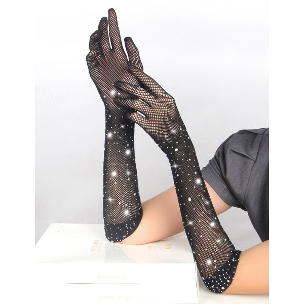 Fancyra Women Black Fishnet Rhinestone Gloves - Image 2