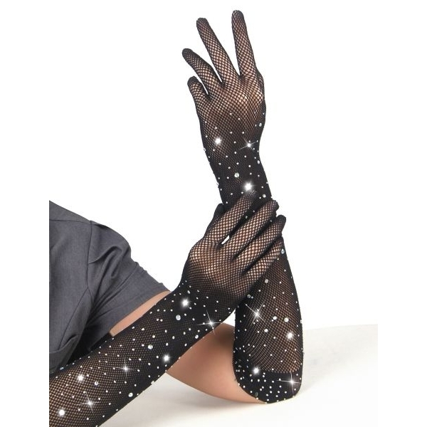 Fancyra Women Black Fishnet Rhinestone Gloves - Image 3