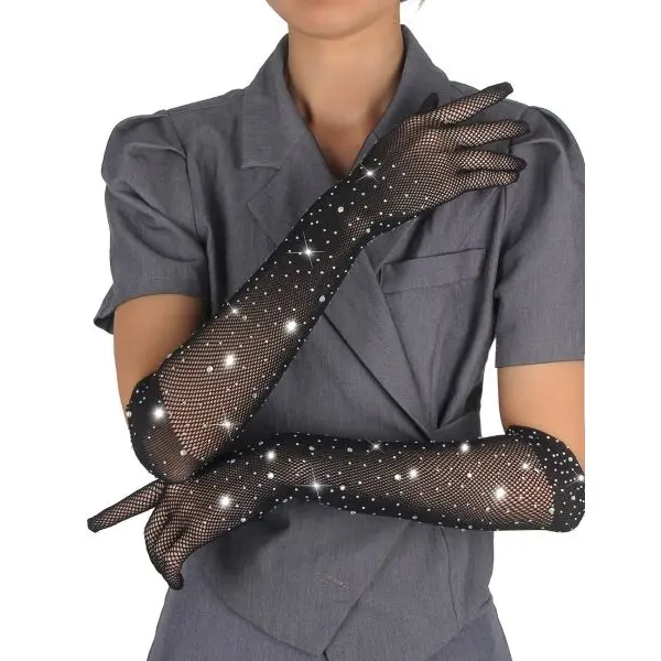 Fancyra Women Black Fishnet Rhinestone Gloves - Image 4
