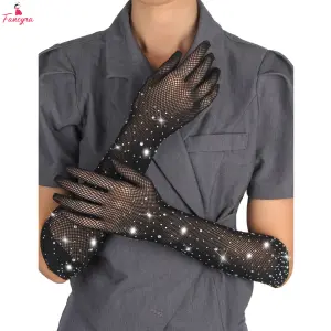 Fancyra Women Black Fishnet Rhinestone Gloves