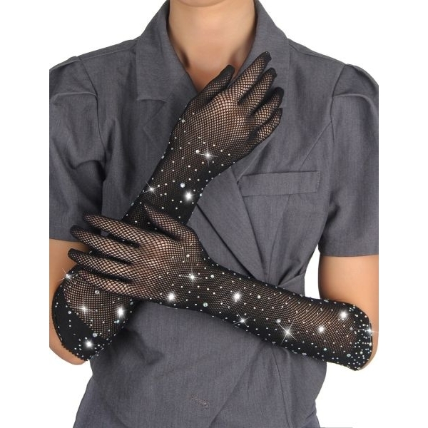 Fancyra Women Black Fishnet Rhinestone Gloves - Image 5