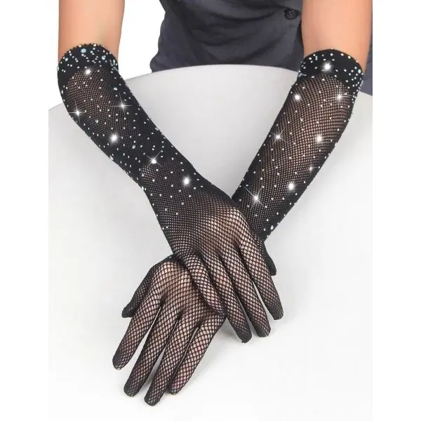 Fancyra Women Black Fishnet Rhinestone Gloves - Image 5