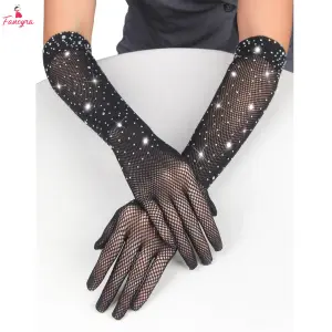 Fancyra Women Black Fishnet Rhinestone Gloves