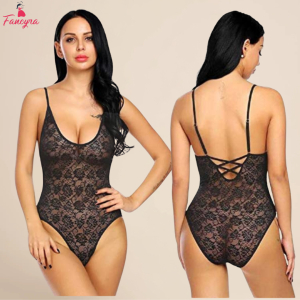 Fancyra Women Black Floral Lace Bodysuit Lingerie